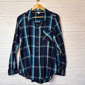 Lucky Brand Top Womens Size Large Blue Plaid Long Sleeve Button Down Cotton